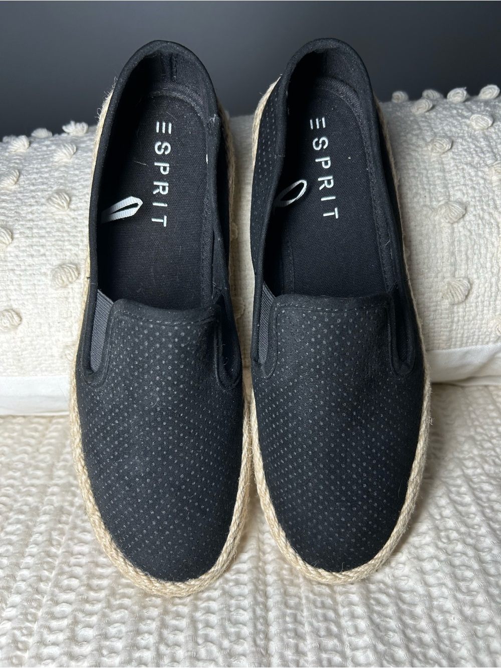 Esprit Black Perforated Slip-On Espadrilles with Jute Trim - Picture 2 of 7